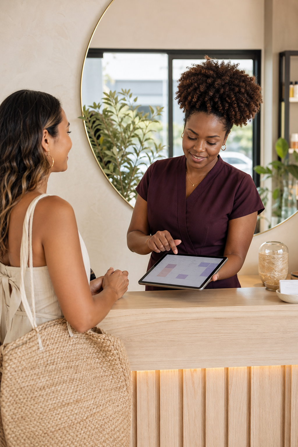 Recepcionista confirmando um horário com uma cliente